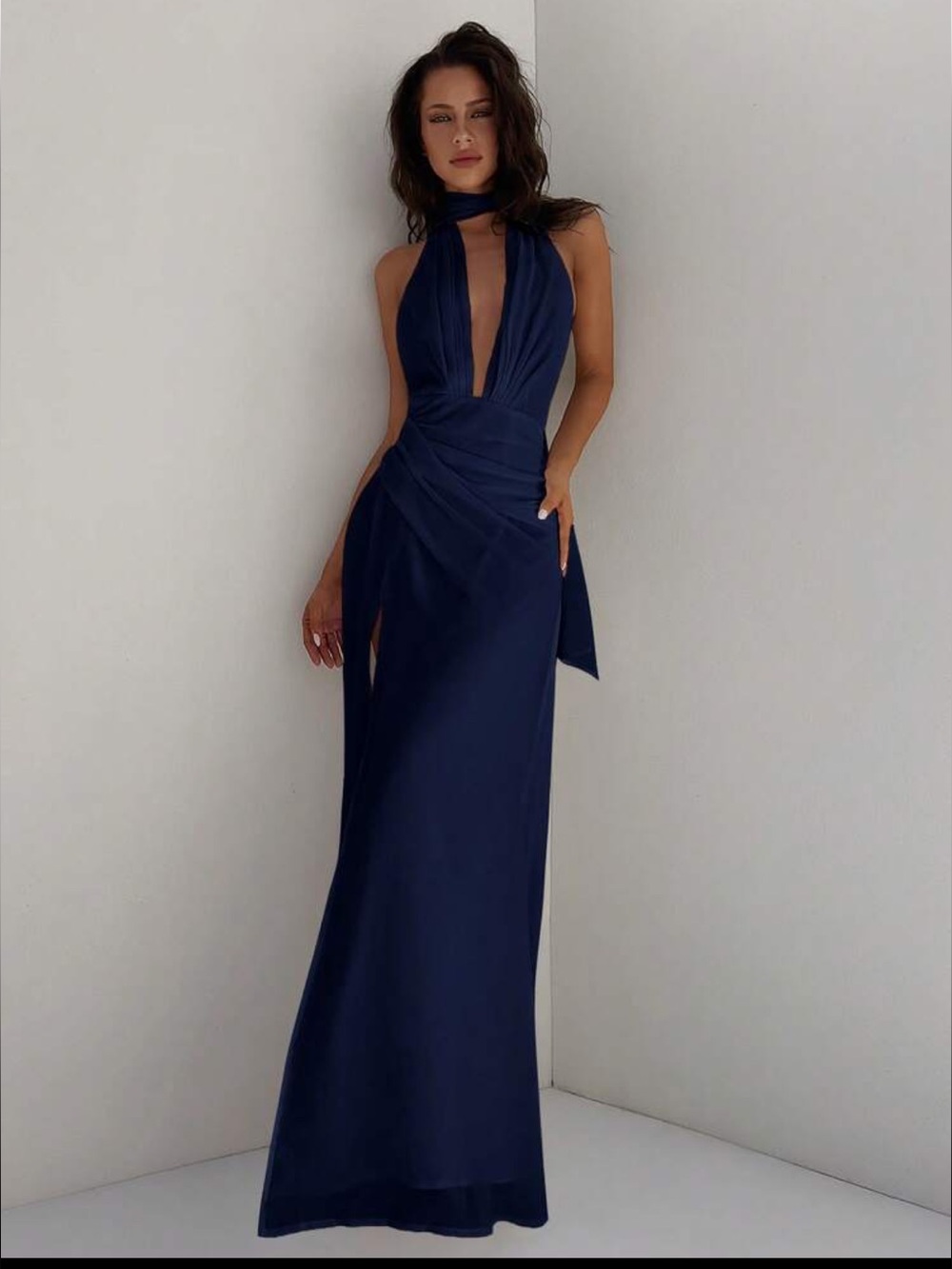 SHEIN Navy Plunge Halter Maxi Gown